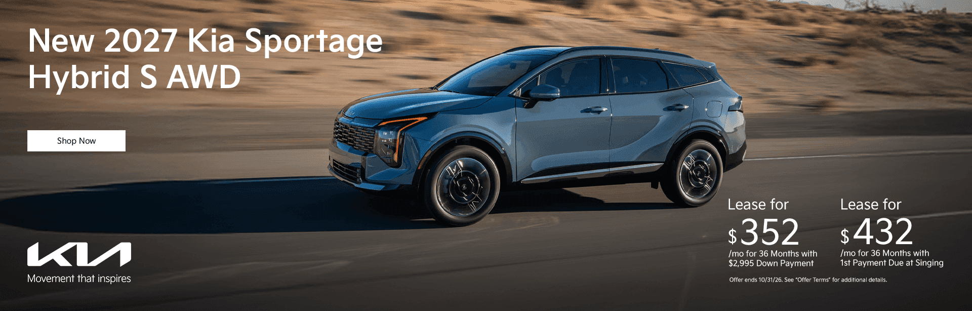 New 2027 Kia Sportage Hybrid S AWD Lease for $352/mo for 36 Months with $2,995 Down Payment Lease for $432/mo for 36 Months with 1st Payment Due at Singing