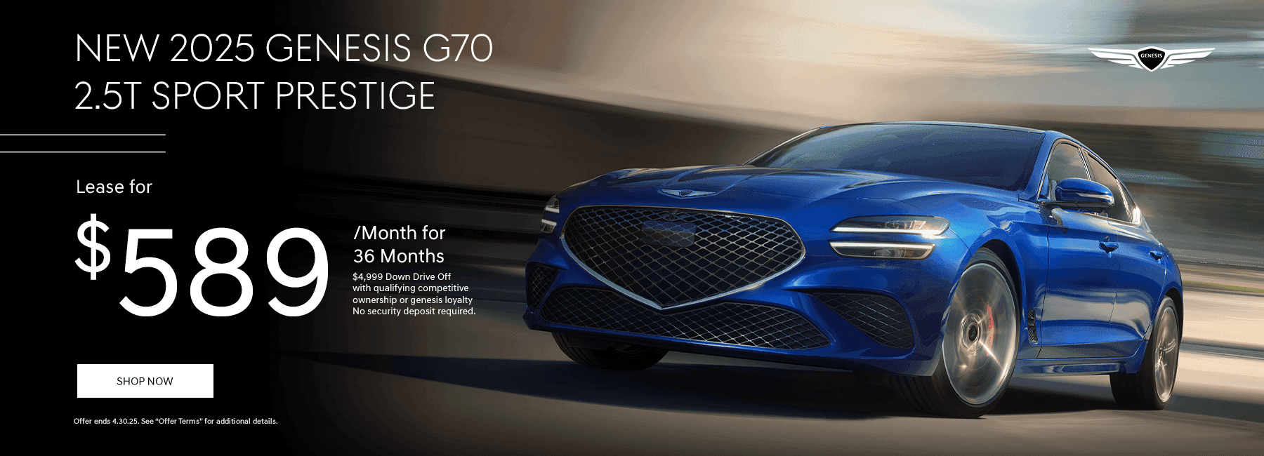 New 2025 Genesis G70 2.5T SPORT PRESTIGE Subtext Lease for $589/mo. for 36 Months $4,999 Down Drive Off with qualifying competitive ownership or genesis loyalty No security deposit Required
