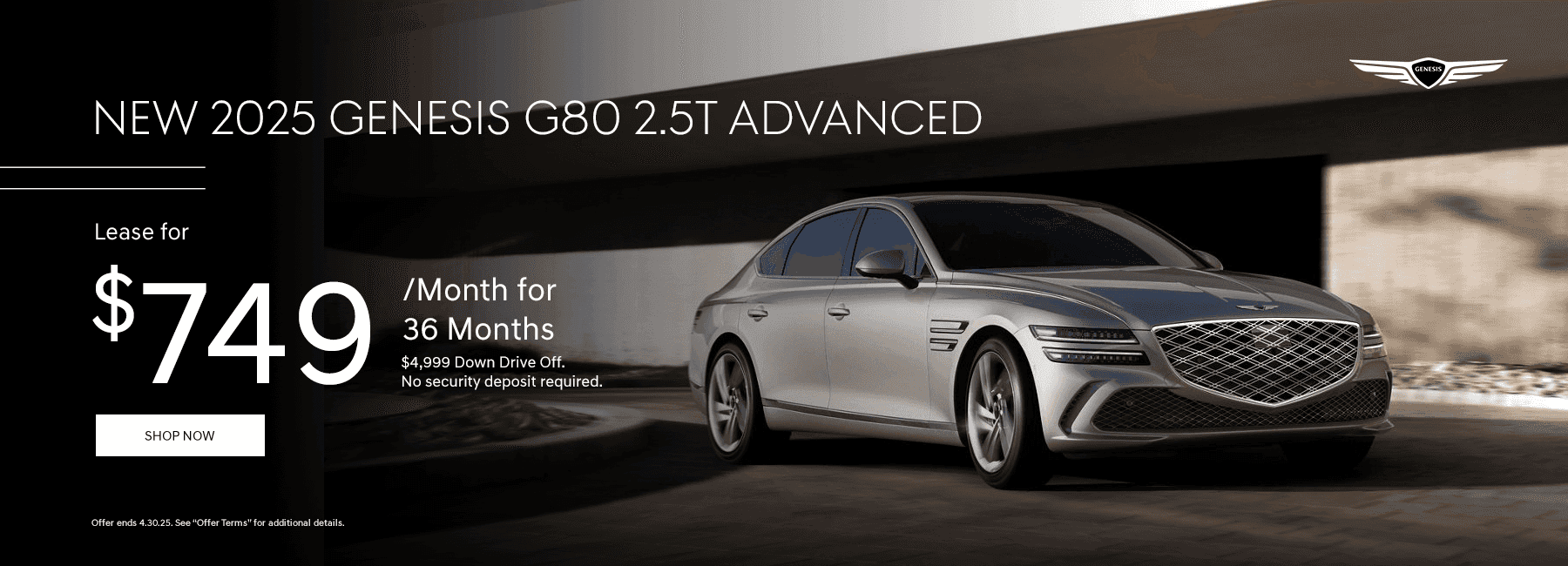 New 2025 Genesis G80 2.5T ADVANCED Subtext Lease for $749/mo. for 36 Months $4,999 Down Drive Off No security deposit Required