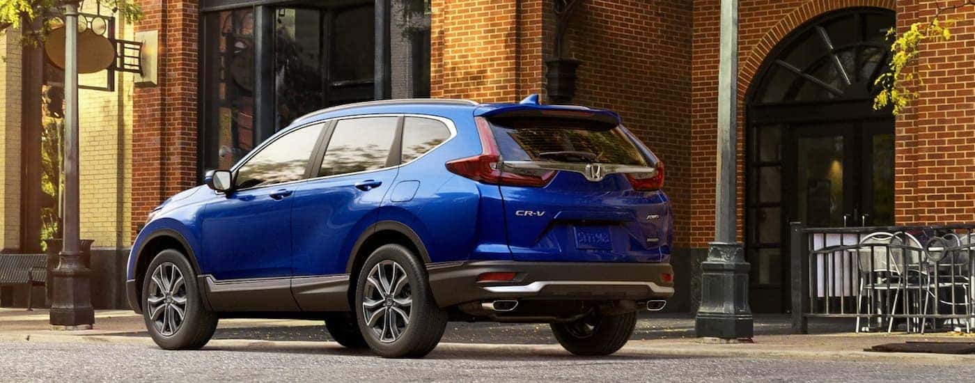 A blue 2020 Honda CR-V from the side after leaving a dealer that has a used Honda for sale near Hartford.