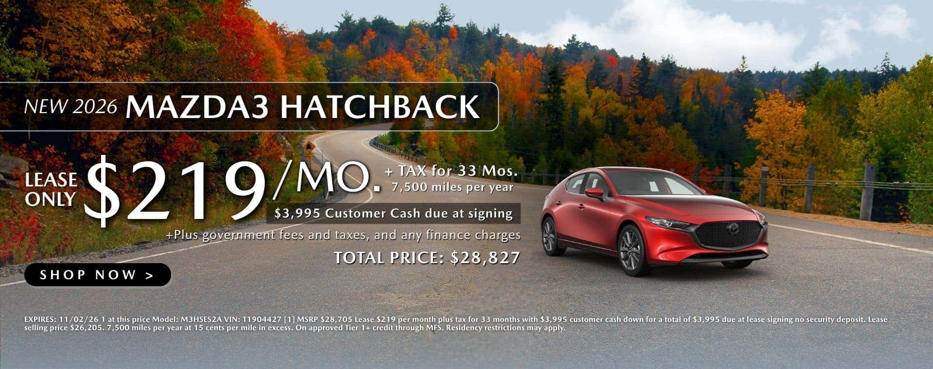 Mazda3 HB Lease $219/mo. for 36 mos.