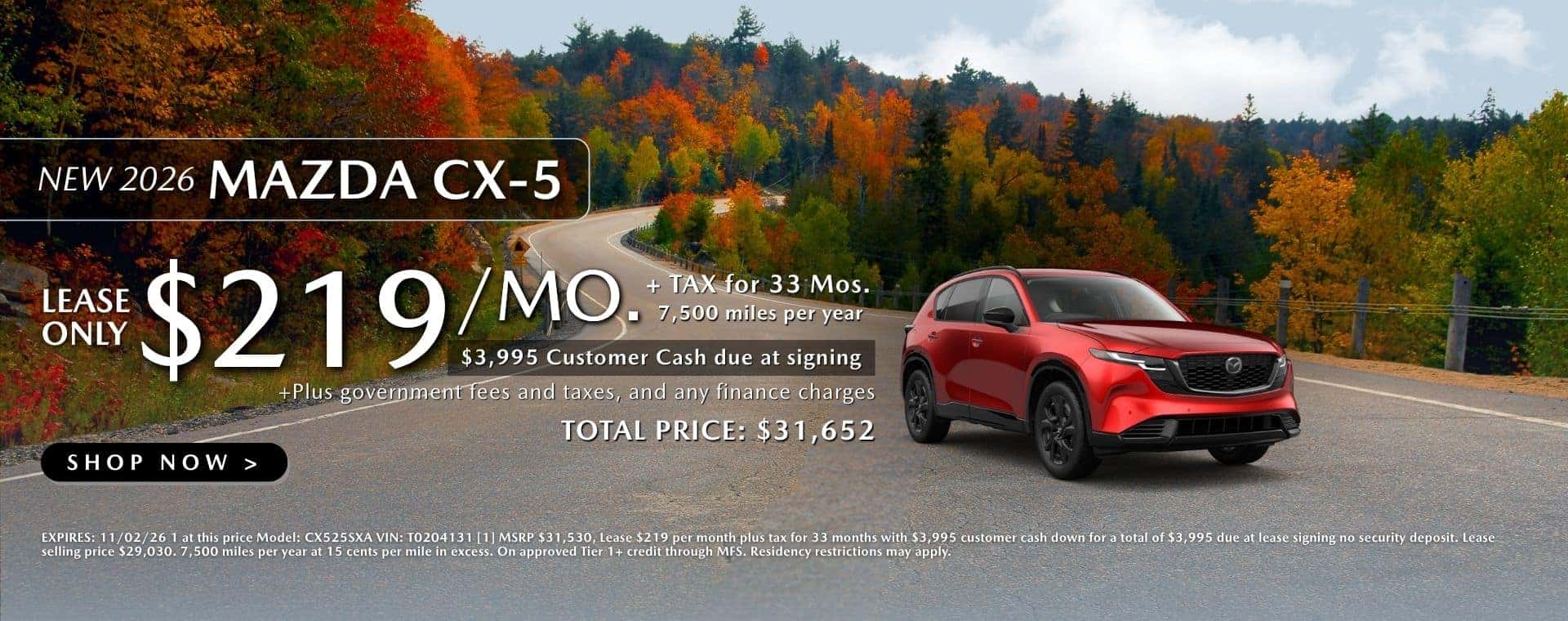 Mazda CX5 Lease $219/mo. for 33 mos.