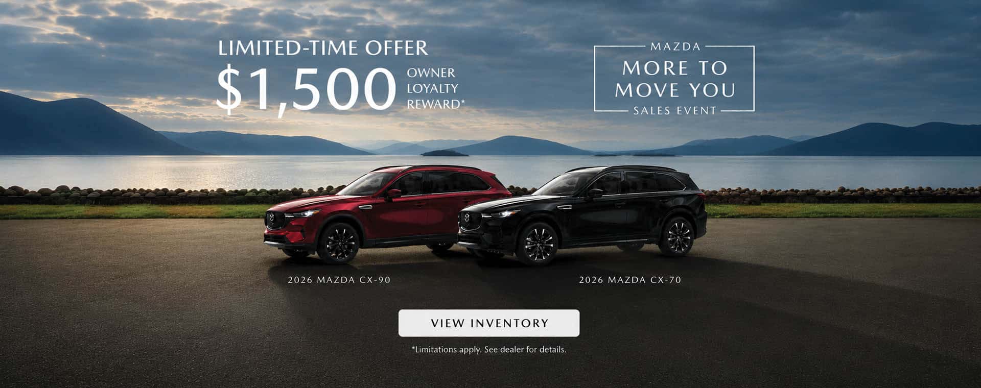Red Mazda CX-90 and black Mazda CX-70 with $1,500 Owner Loyalty Reward offer.