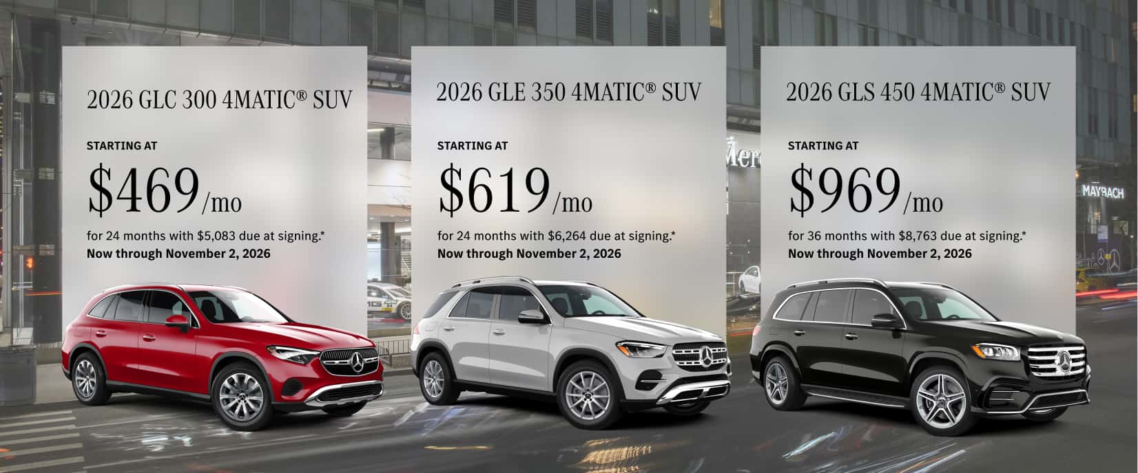 2026 Mercedes-Benz GLC, 2026 Mercedes-Benz GLE, 2026 Mercedes-Benz GLS special lease offers from Mercedes-Benz of Manhattan.