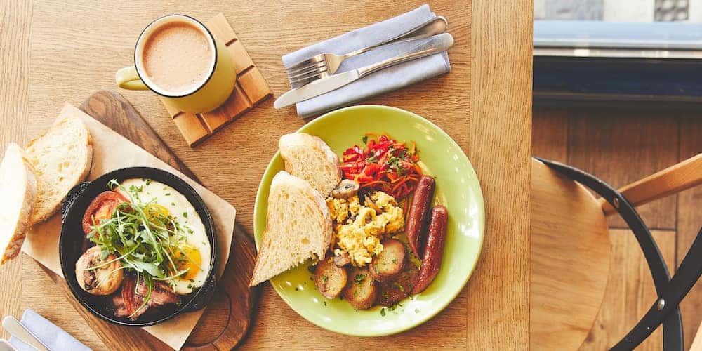 Bright brunch plate with fried eggs