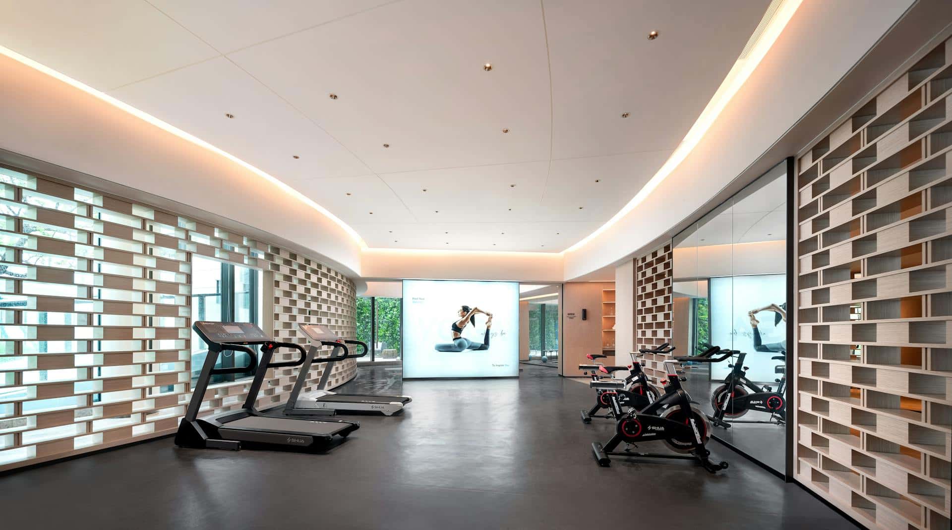 Modern gym equipped with treadmills and exercise bikes