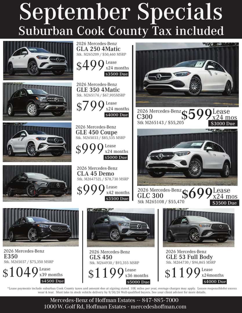 September Mercedes-Benz lease specials. Complete stock-specific terms and disclosures appear below.