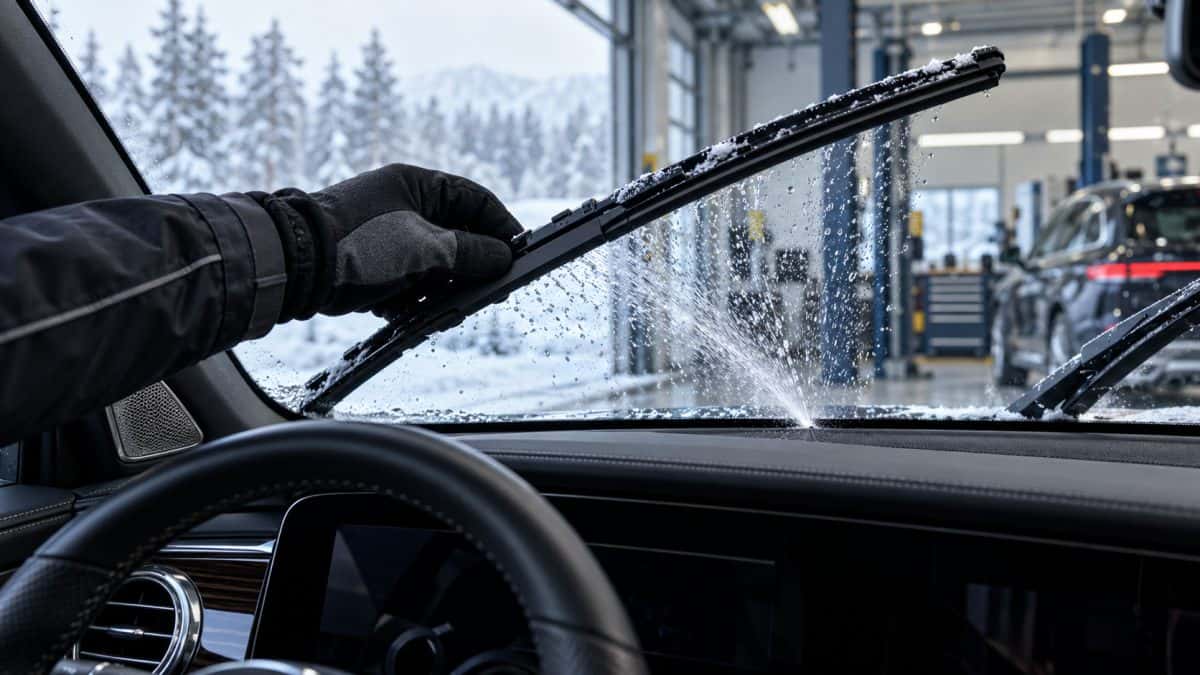 Winter washer fluid spraying across a Mercedes-Benz windshield during cold-weather service