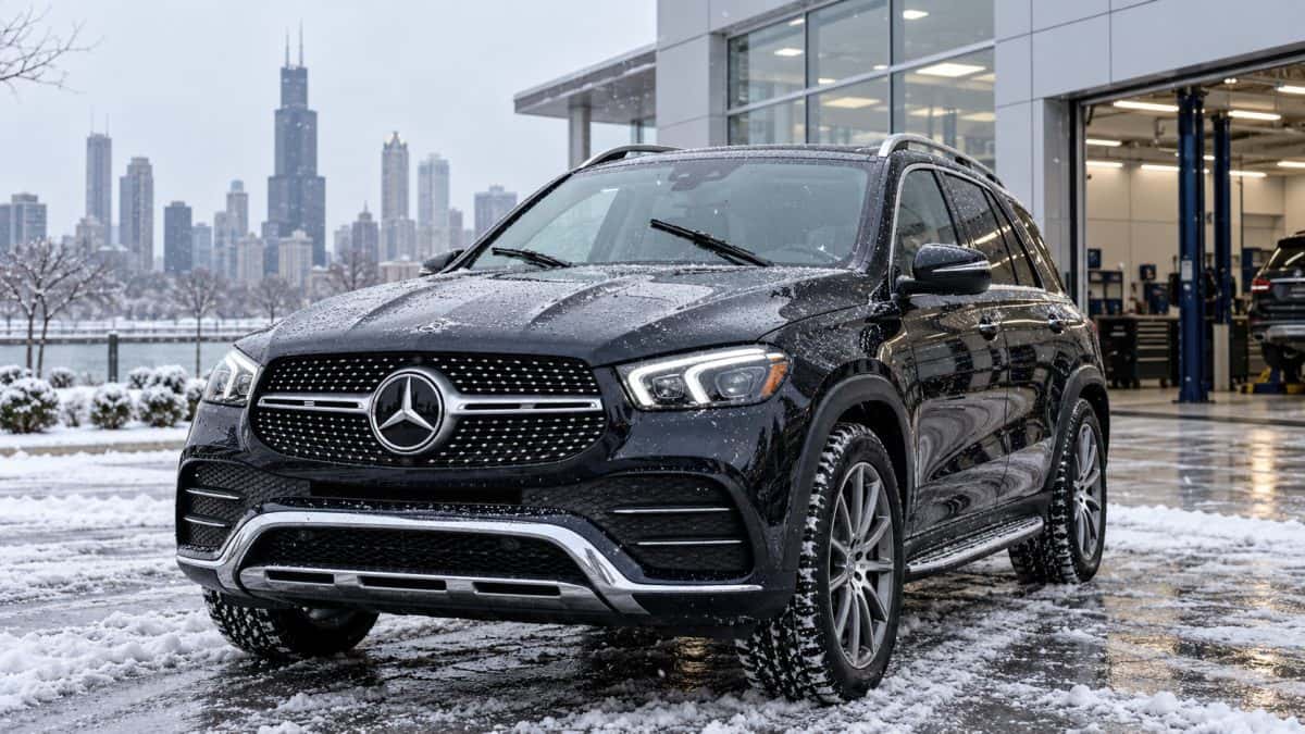 Mercedes-Benz SUV with winter-ready windshield wipers outside a Chicago service center