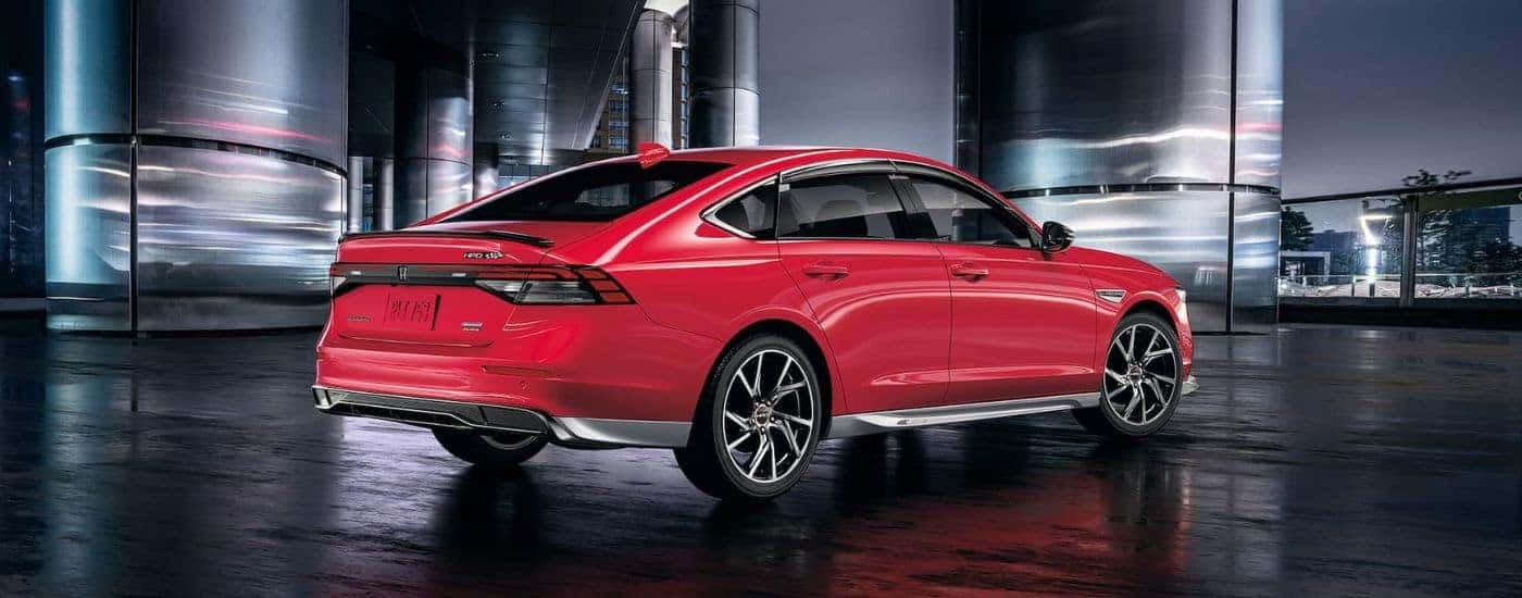 Rear angle view of a red 2024 Honda Accord HPD.