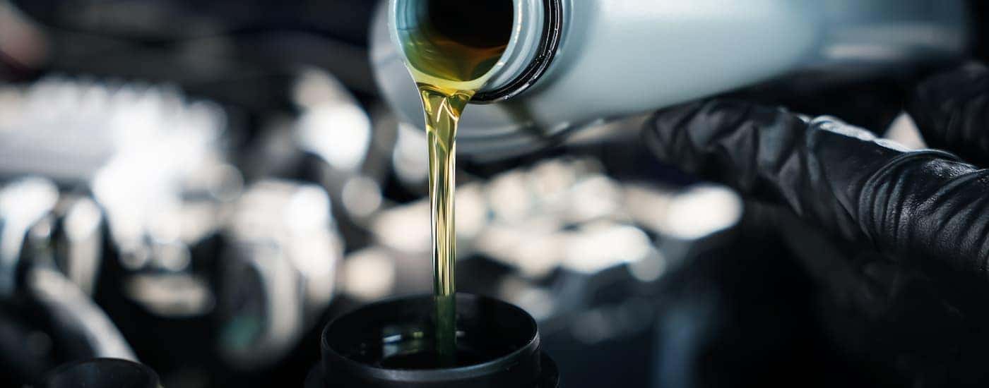 Oil being poured out of a grey bottle at a Honda service center near Fort Worth