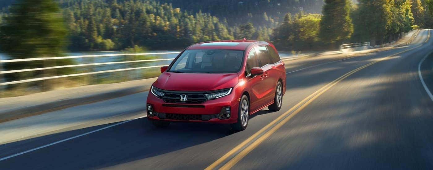 Red 2025 Honda Odyssey driving down a road.