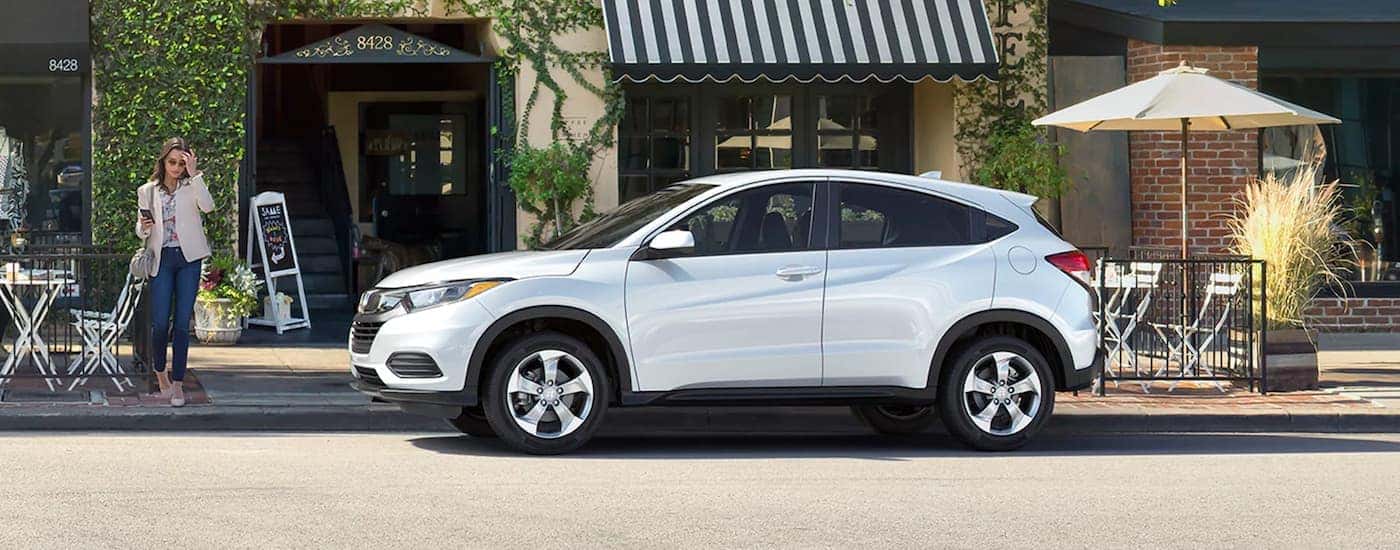 White 2020 Honda HR-V LX parked in front of a cafe