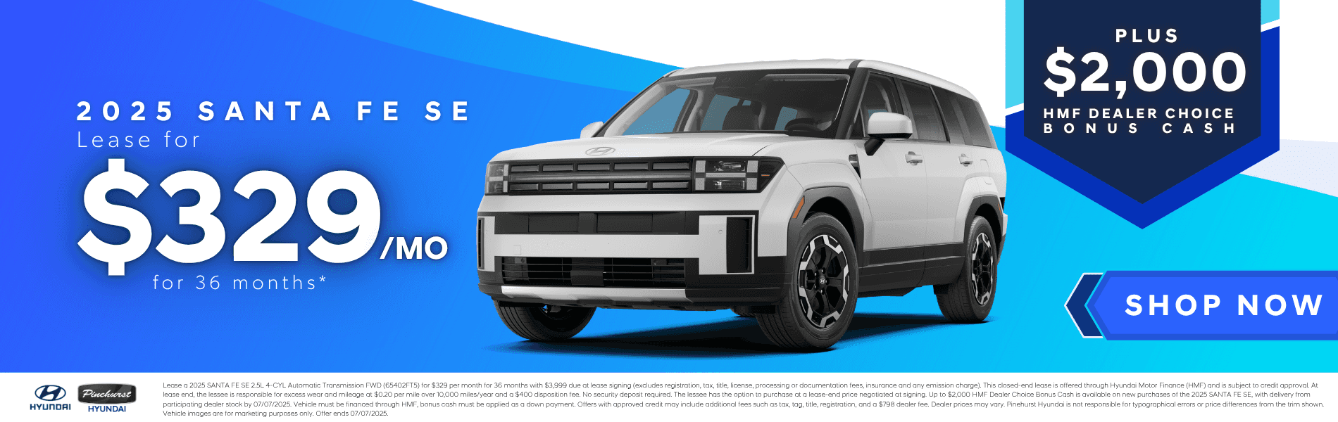 2025 Santa Fe SE - $329 for 36 Months + $2K Cash Bonus with disclaimer