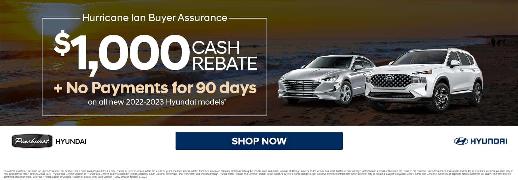 Hurricane Ian Buyer Assurance $1000 cash rebate + no payments for 90 days on all New 2022-2023 Hyundai Models and disclaimer.