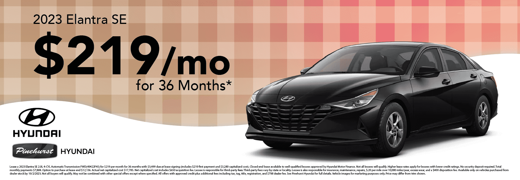 2023 Hyundai Sonata SE with text “$289/mo for 36 months.” and disclaimer.