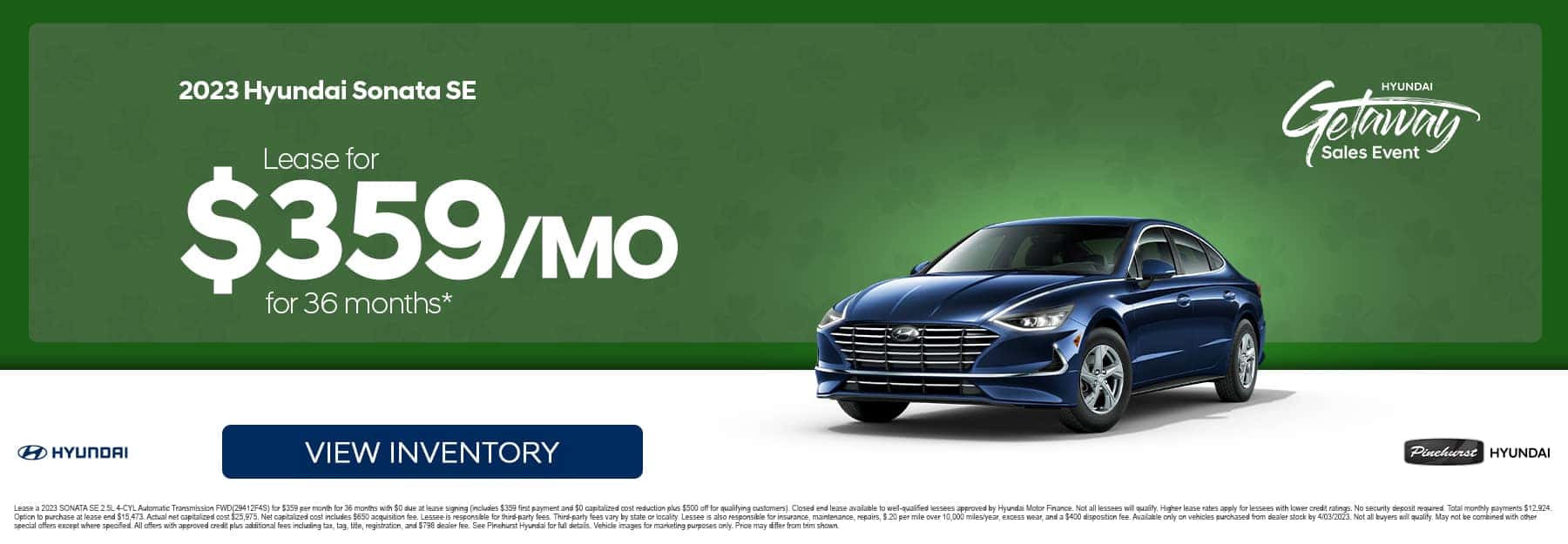 2023 Hyundai Sonata SE with text “$359/mo for 36 months.” and disclaimer.