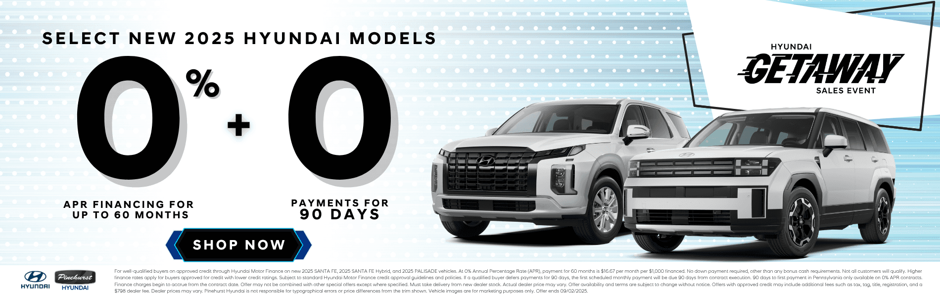Hyundai Getaway Sales Event 0% and 0 Payments Banner