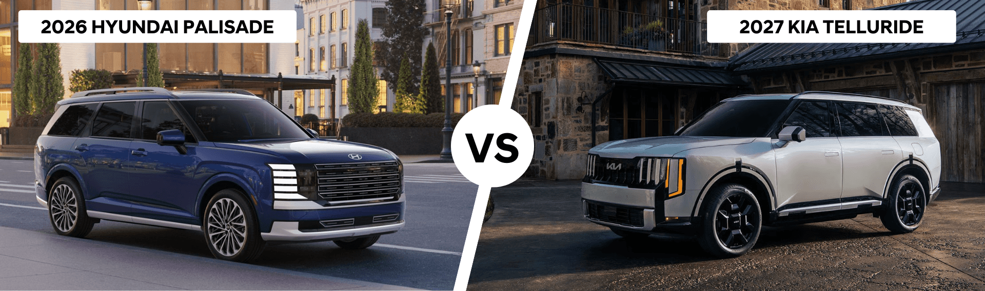 Blue 2026 Palisade and 2027 Kia Telluride with vs text in center