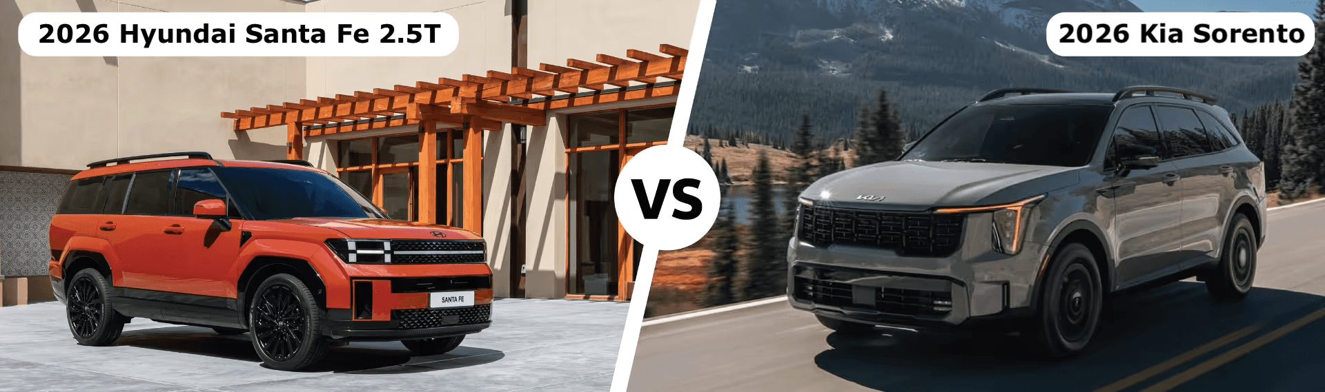 orange Santa Fe and wolf gray 2026 Kia Sorento with versus text in center