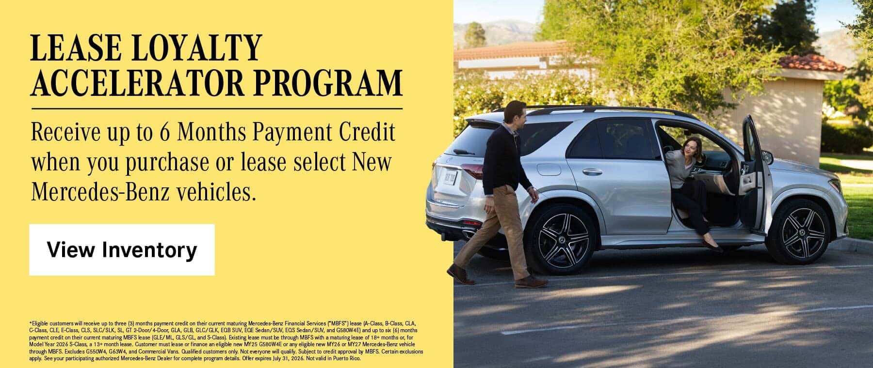 Receive up to 6 Months Payment Credit when you lease or finance select new Mercedes-Benz vehicles.