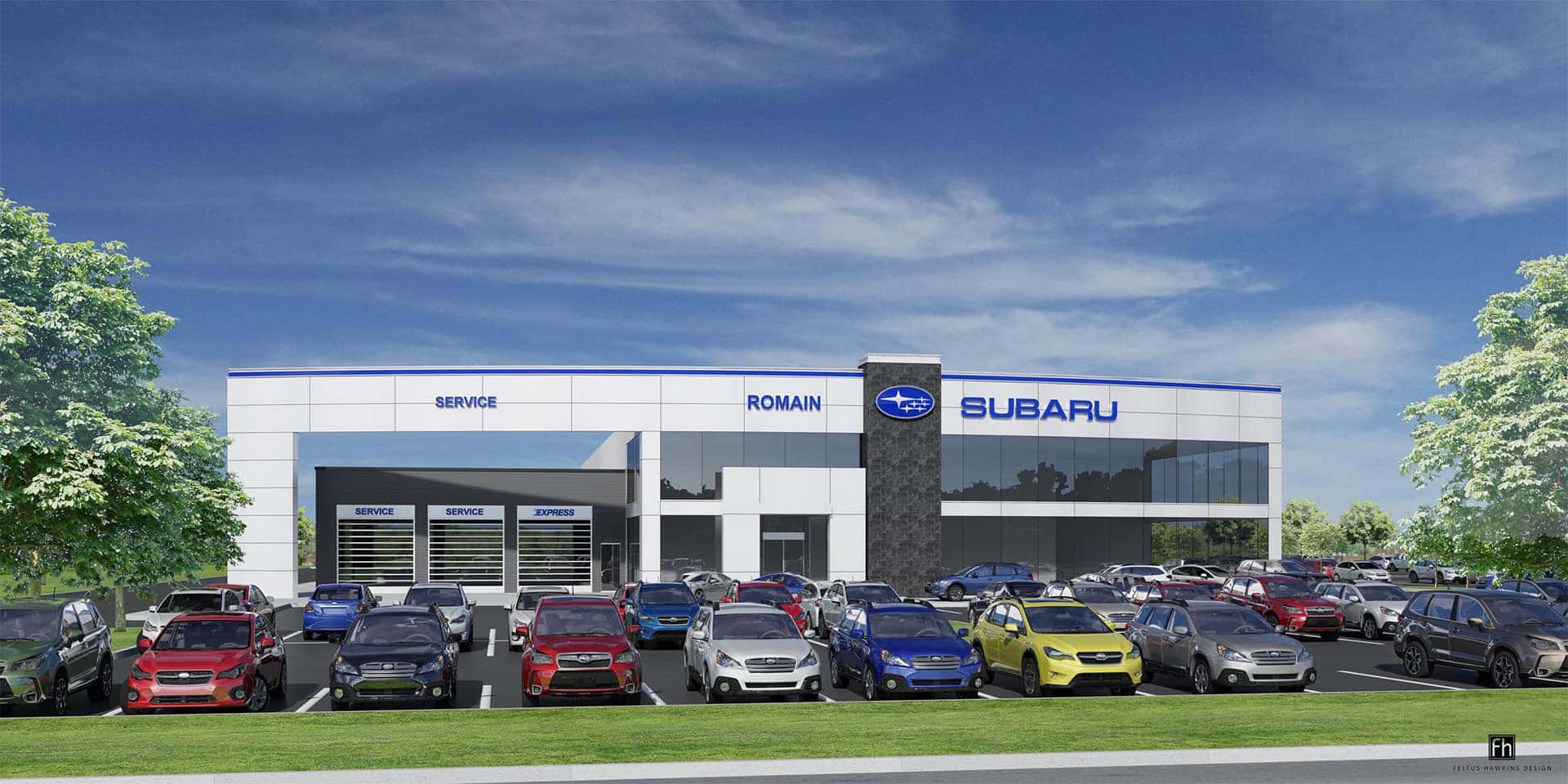 An exterior view of a Subaru dealership in the day
