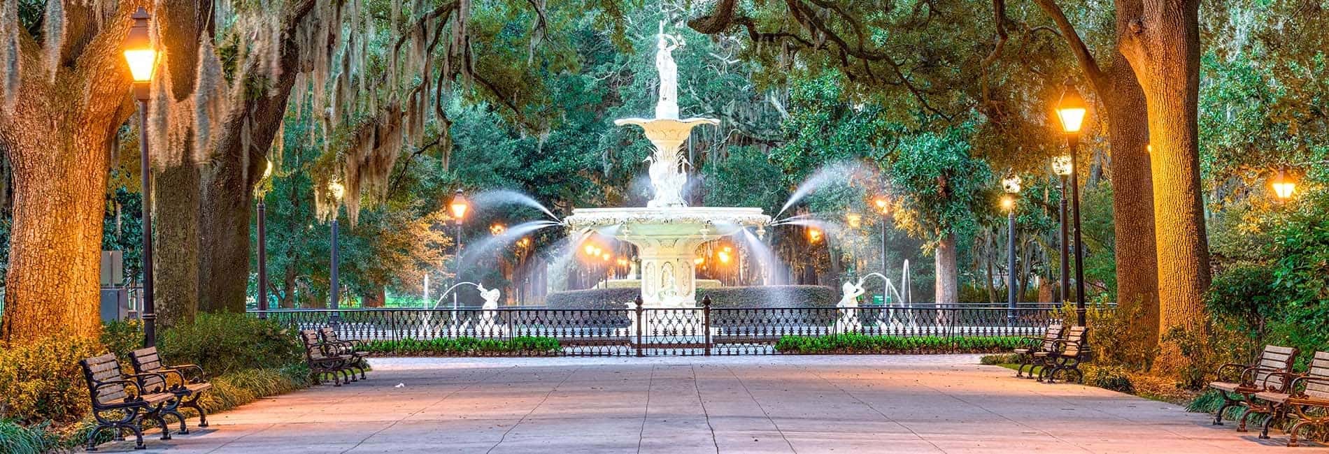 Savannah Georgia Park with Beautiful Statue Water Fountain copy