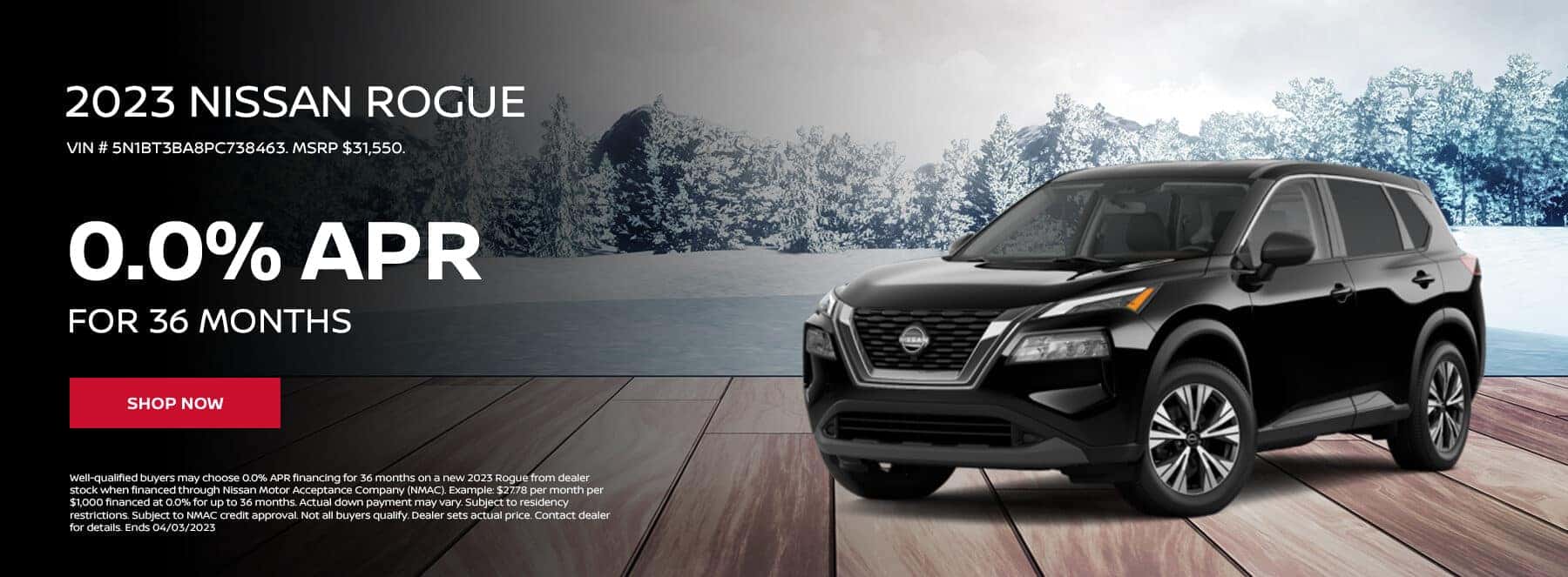 2023 Nissan Rogue slide with 0.0% for 36 months Vin # 5N1BT3BA8PC738463. MSRP $31,550