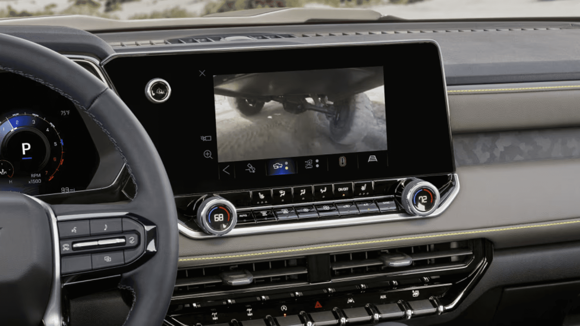 Chevy Colorado infotainment screen showing underbody off-road camera view