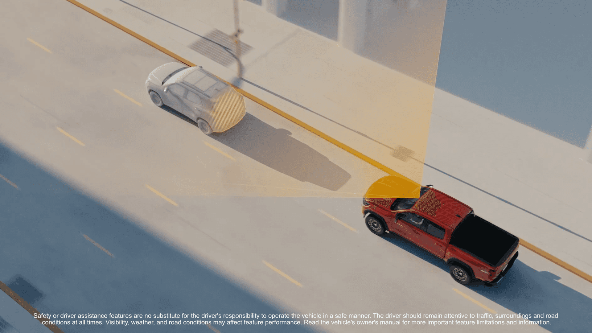 Red Chevy Colorado following another vehicle with forward collision alert visualization displayed