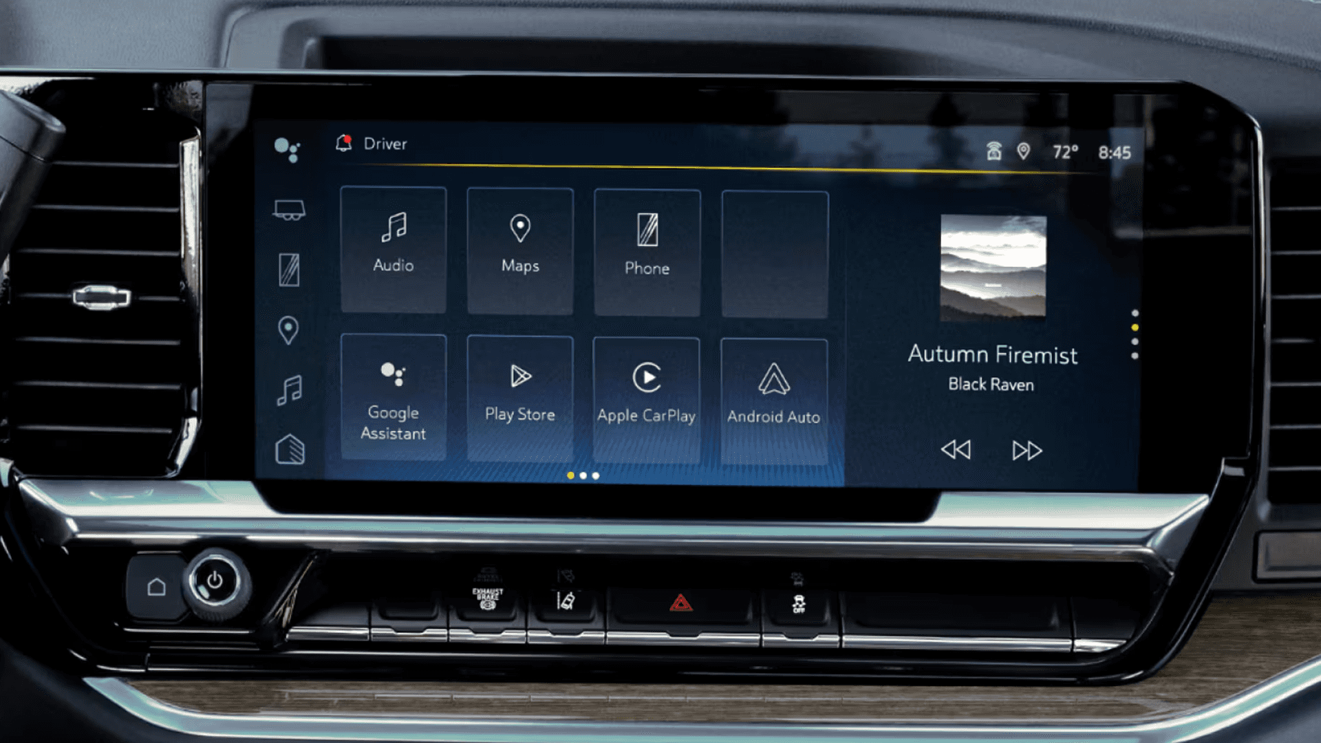 2026 Chevy Silverado HD center touchscreen showing infotainment home screen with audio, maps, phone, and smartphone integration icons for connected driving