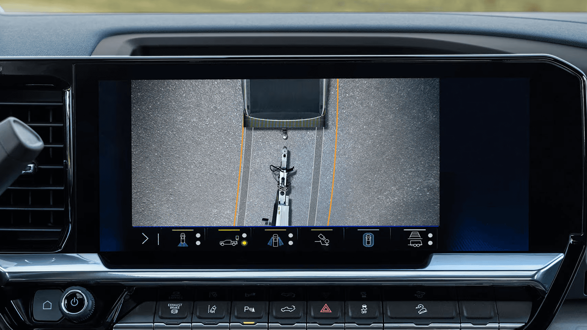 2026 Chevy Silverado HD center display showing hitch view camera with trailer coupler alignment for trailering assistance