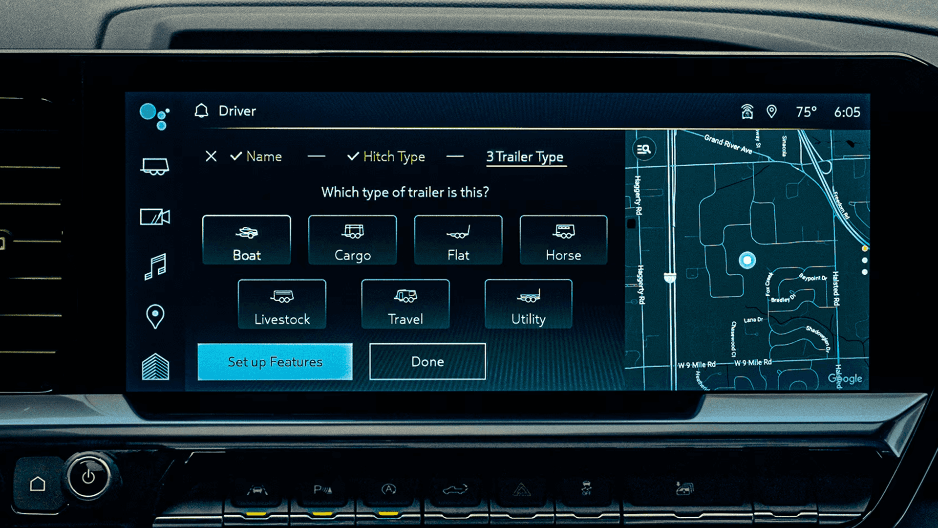 Silverado HD center touchscreen displaying the in vehicle Trailering App with trailer type selection and towing setup options