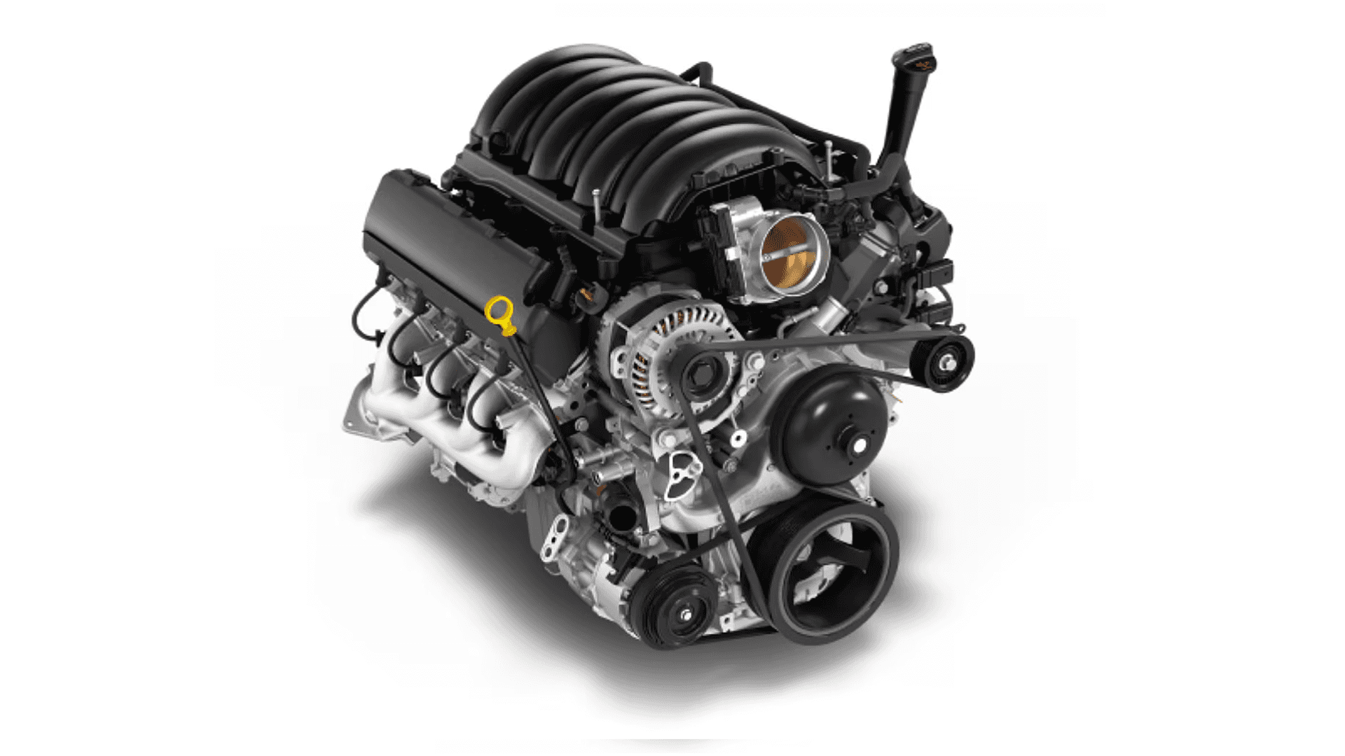 Chevrolet EcoTec3 V8 engine with visible intake manifold, throttle body, and accessory drive