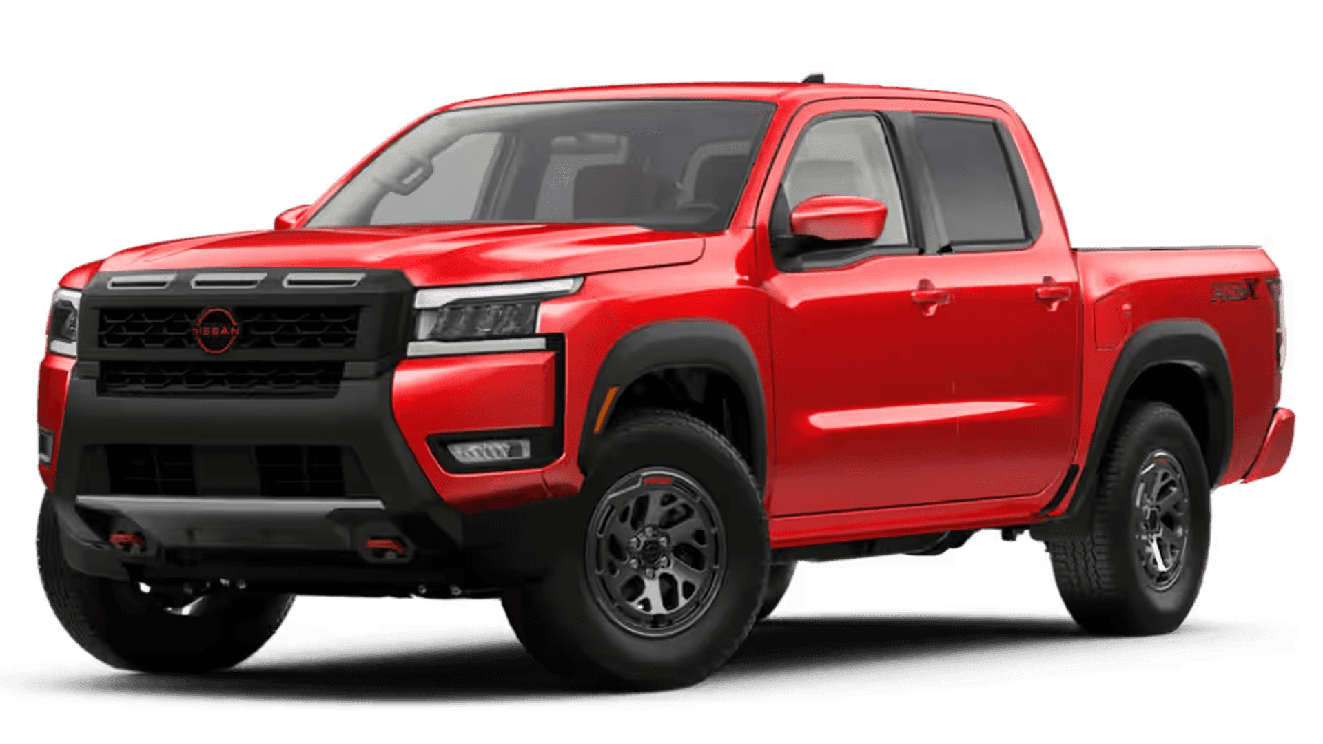 Red 2026 Nissan Frontier pickup on transparent background showing crew cab profile for trim level comparisons and features