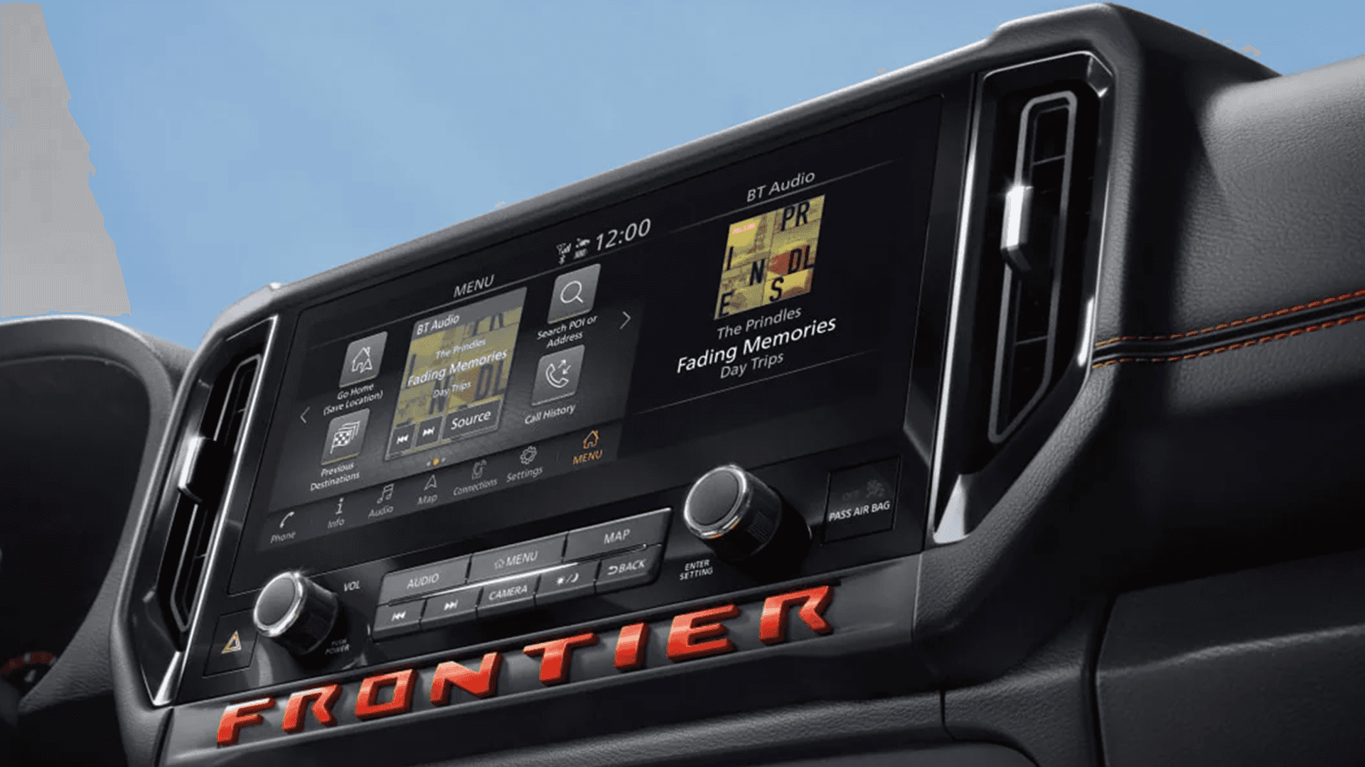 Close up of Nissan Frontier touch screen showing audio playback screen