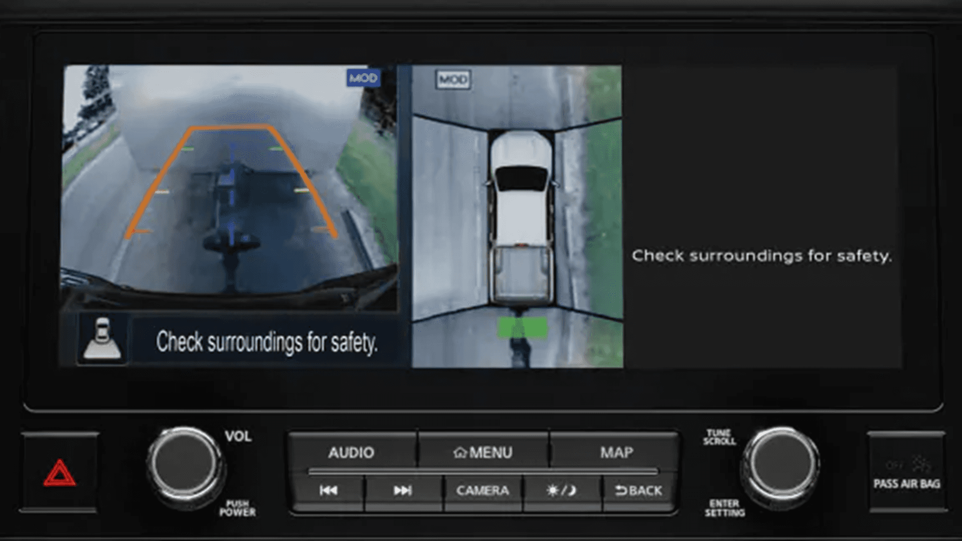 Nissan infotainment screen showing trailer guidance view with rear camera and top down camera display