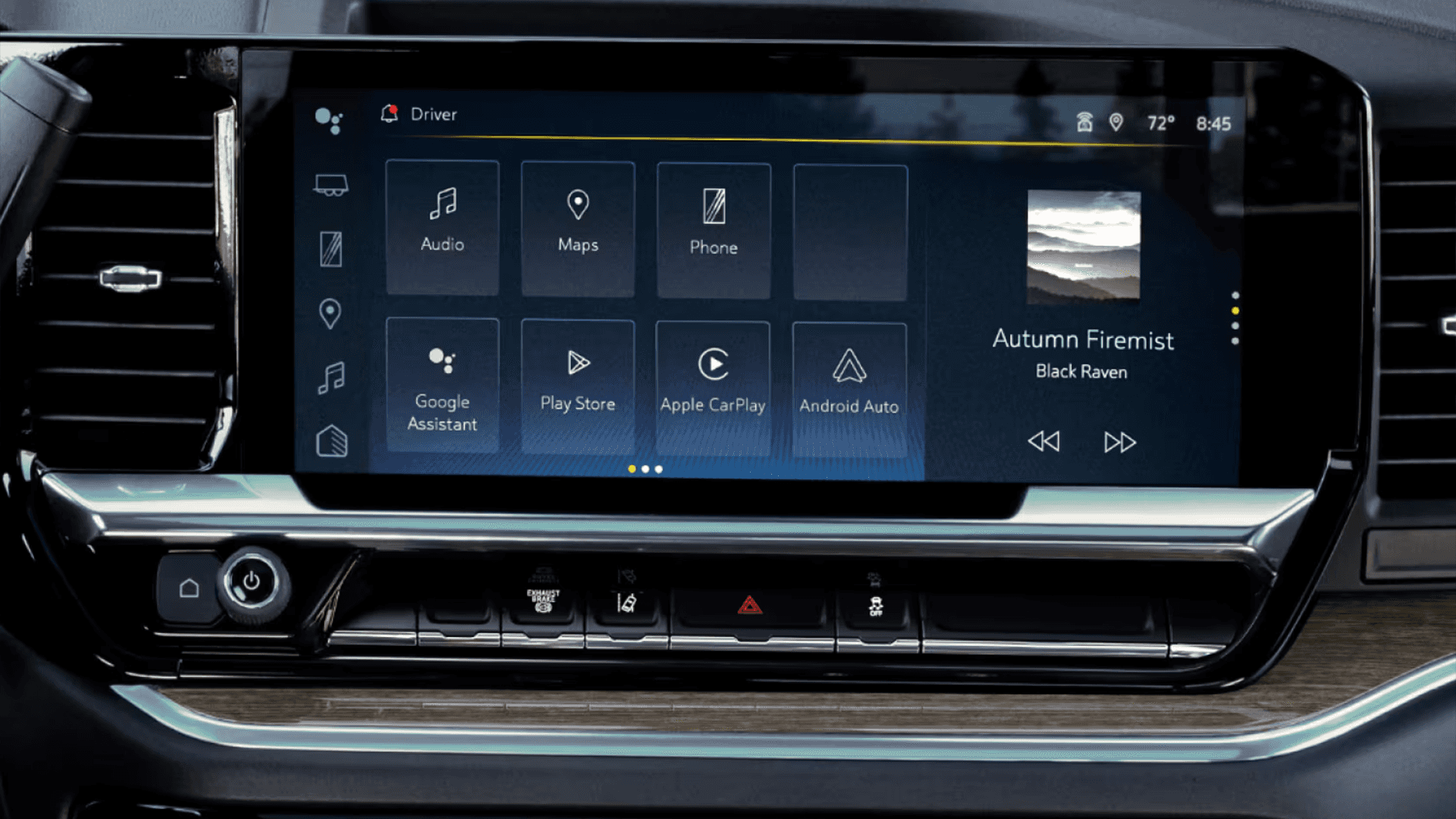 Close up of the Silverado center touchscreen showing app tiles for Audio, Maps, Phone, Google Assistant, Play Store, Apple CarPlay, and Android Auto with media playing