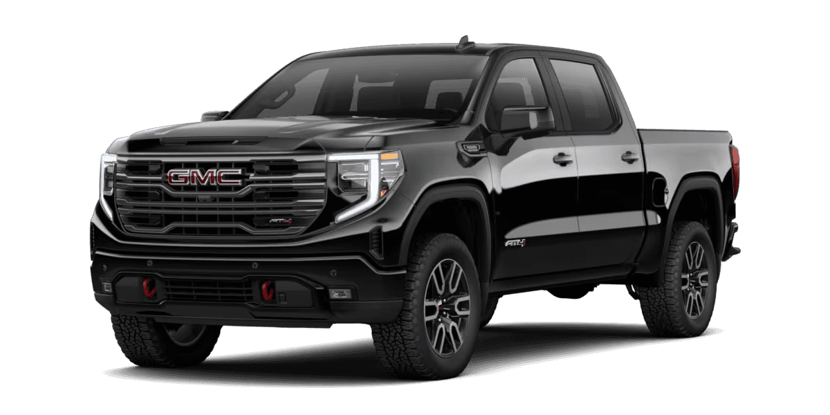2026 GMC Sierra 1500 AT4 off road pickup truck in black with lifted stance and all terrain tires