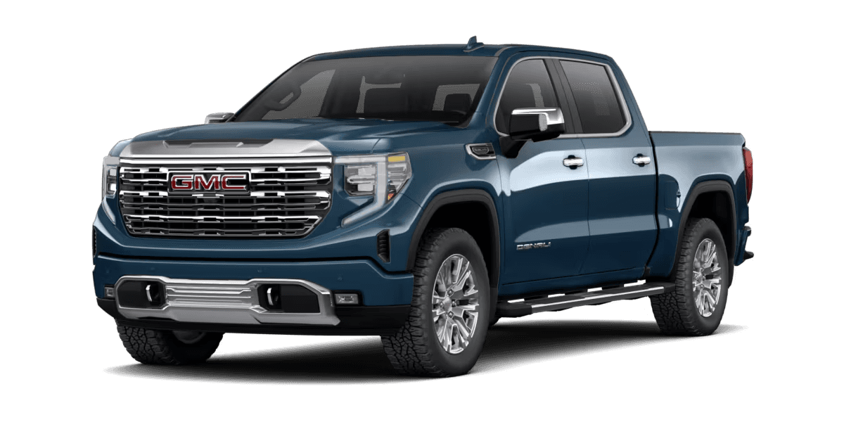 2026 GMC Sierra 1500 Denali trim pickup truck in blue with premium grille and luxury exterior design