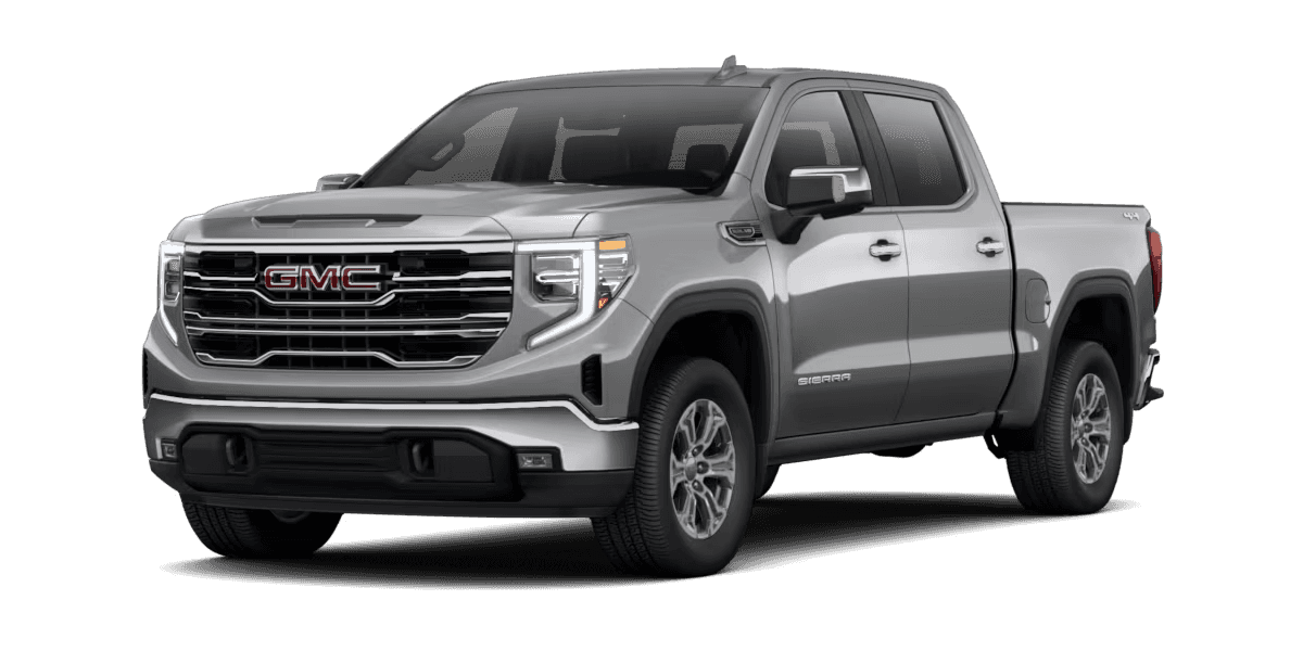 2026 GMC Sierra 1500 SLT trim pickup truck in silver featuring chrome exterior details