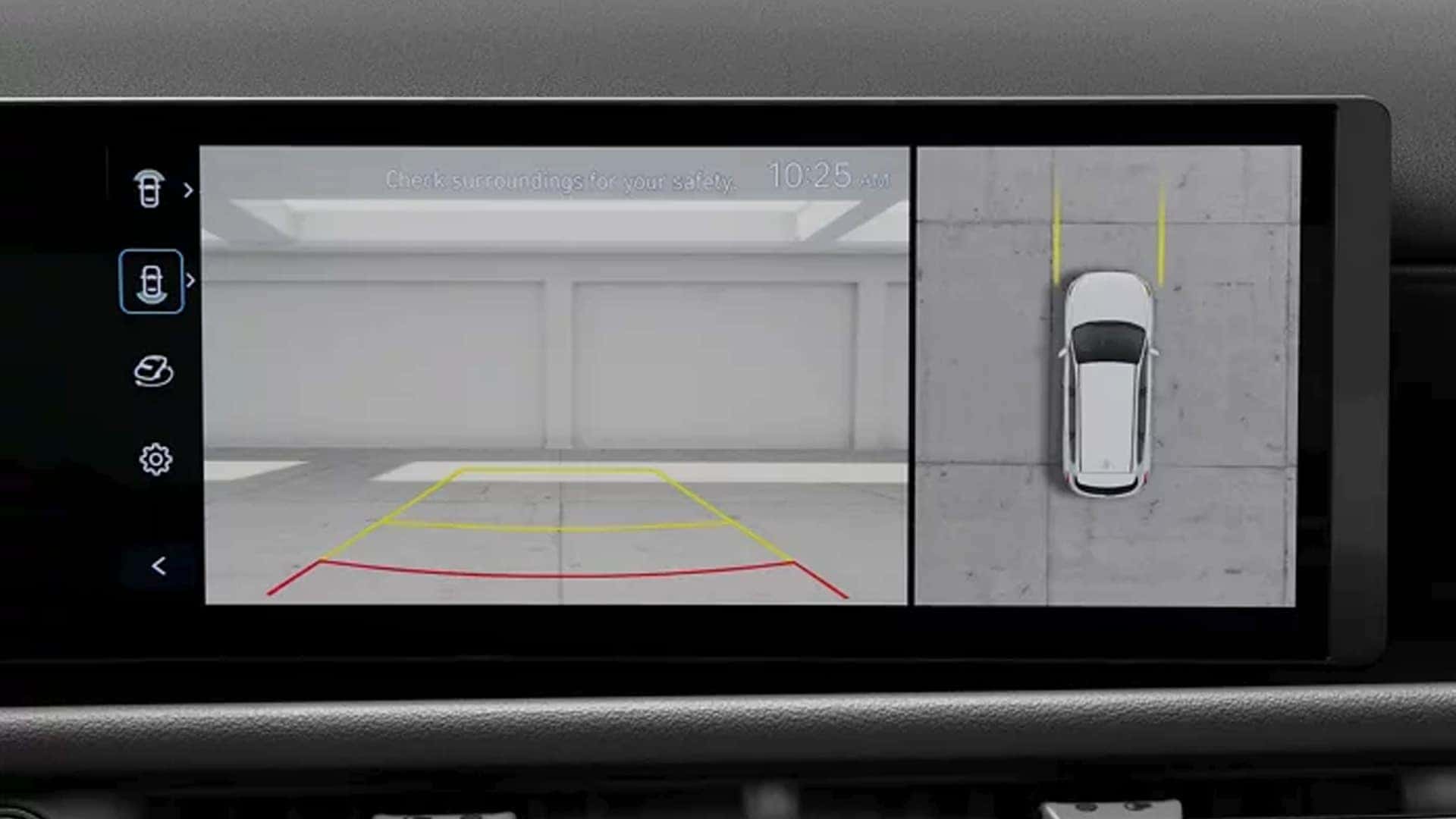 Hyundai Tucson Hybrid touchscreen showing a surround view monitor and parking guidance for driver assistance support.