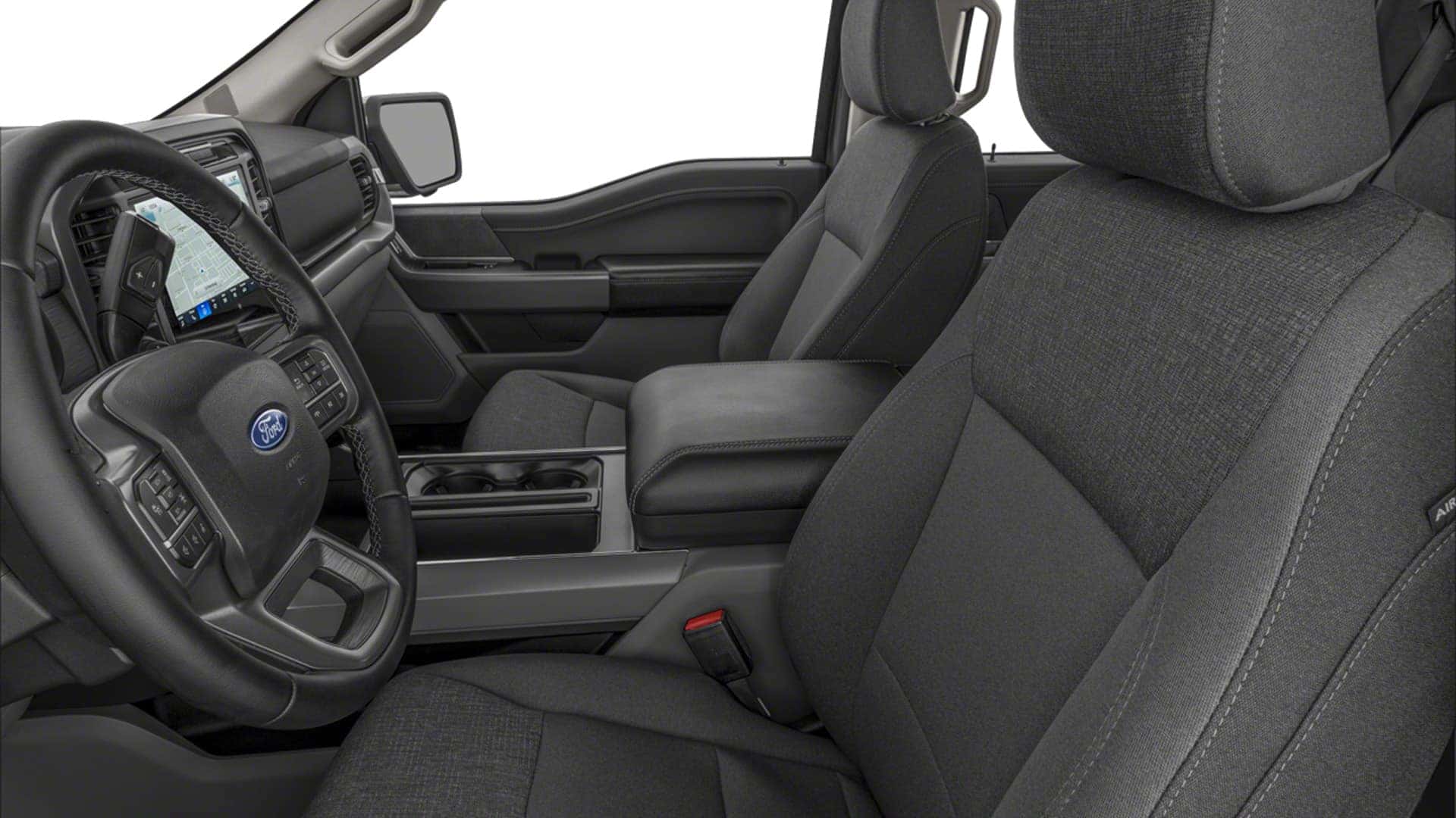 2026 Ford F-150 front seat space showing cloth upholstery, center console, and interior legroom in the driver area