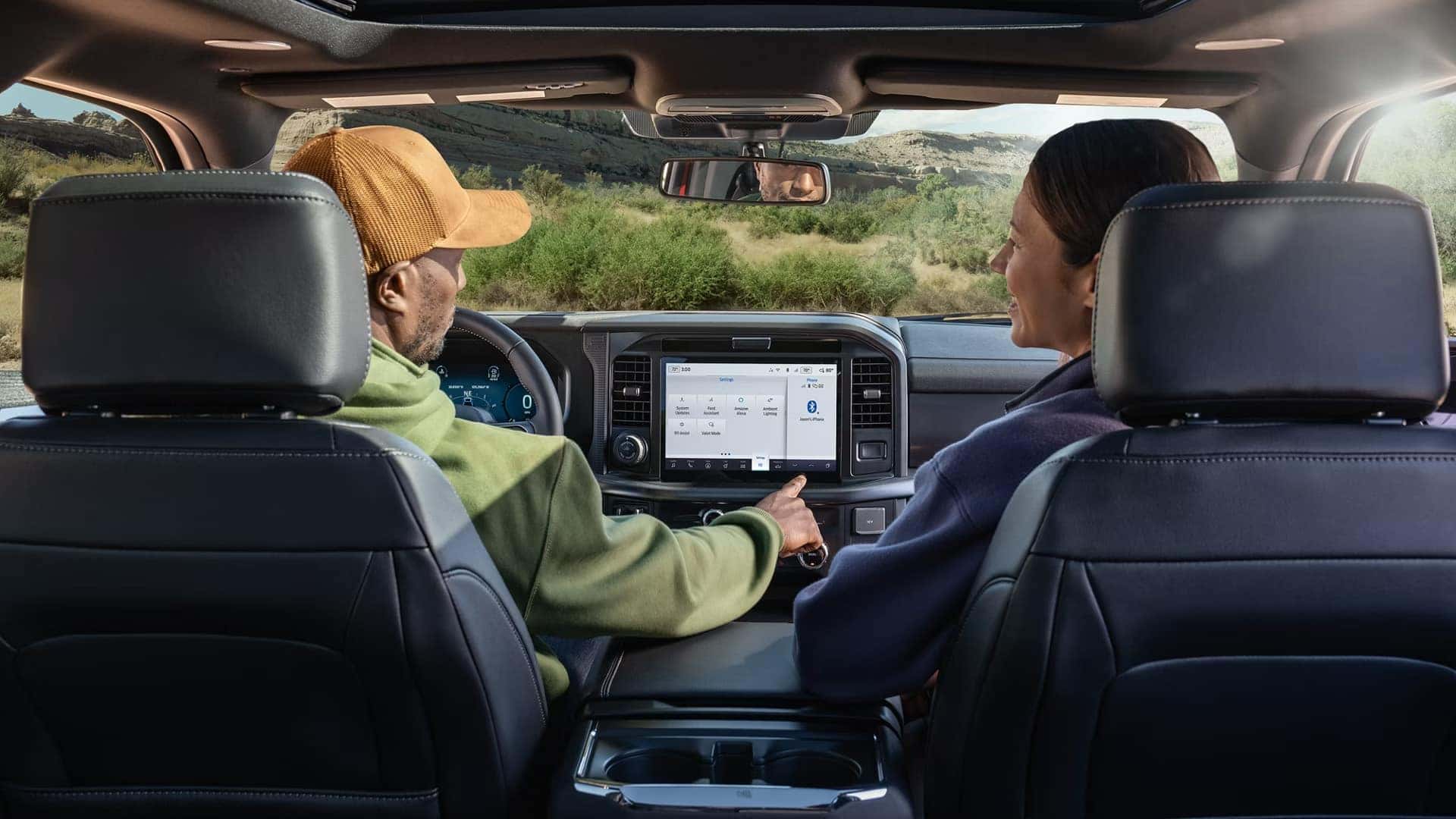 Interior view of the 2026 Ford F-150 with the touchscreen displaying connected features and in-vehicle app access