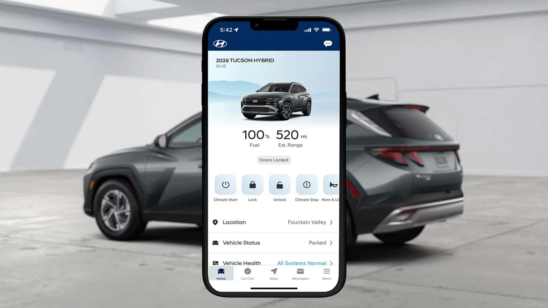 Smartphone app interface controlling Hyundai Tucson Hybrid vehicle functions such as lock, climate, and vehicle status.