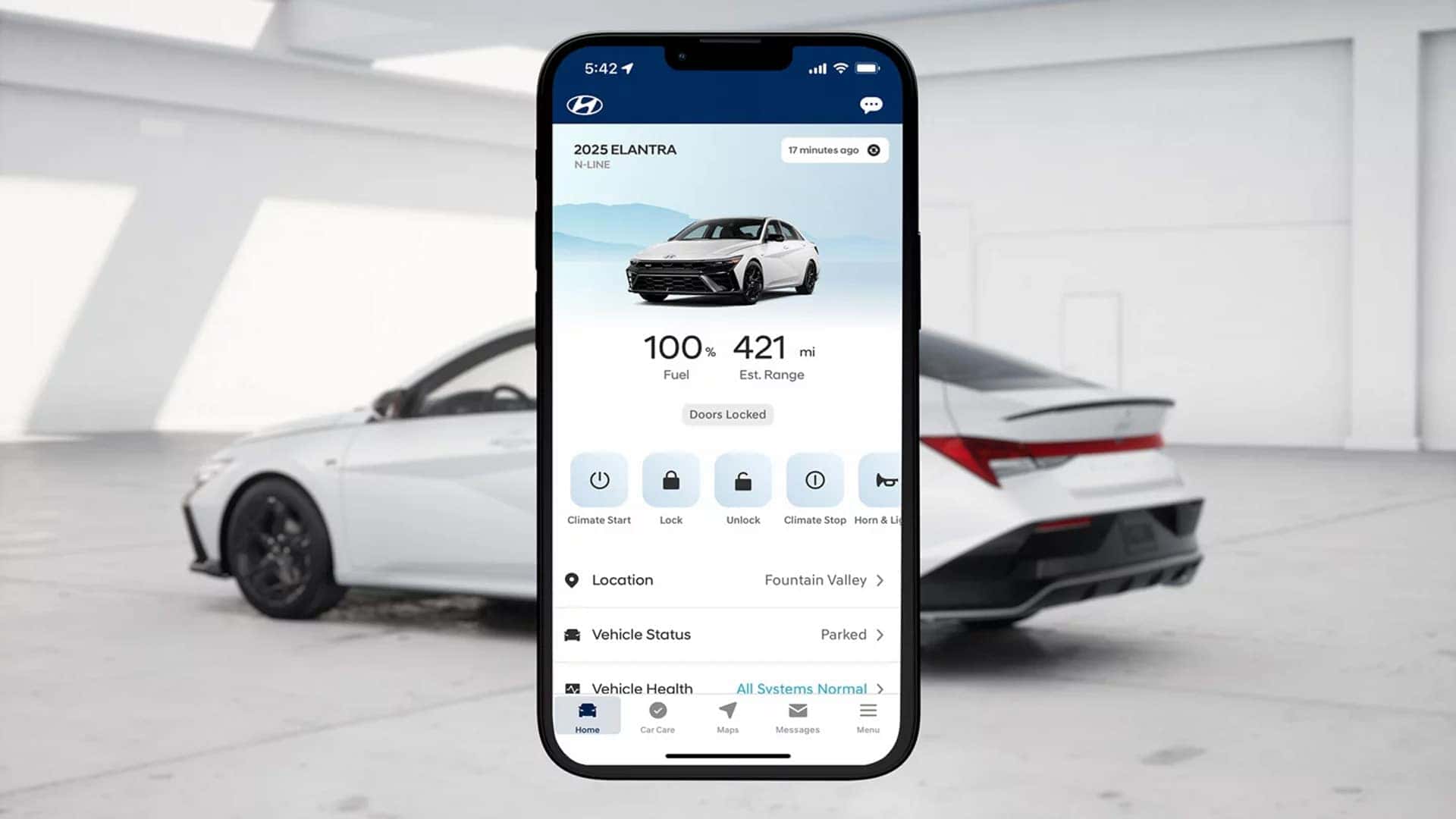Hyundai Bluelink plus app shown next to a 2025 Hyundai Elantra