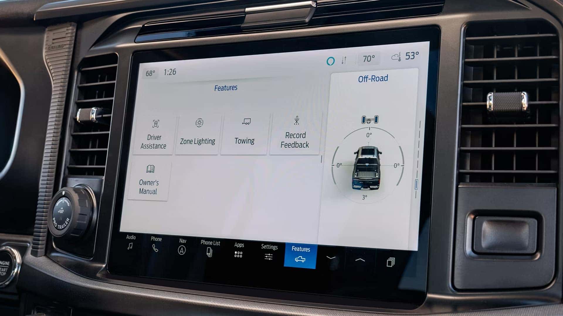 Close up of the 2026 Ford F-150 center touchscreen displaying driver assistance and vehicle feature menus.