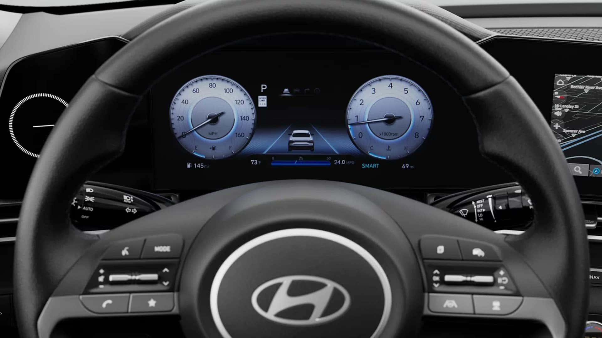 2025 Hyundai Elantra technology snapshot graphic with screens and driver assistance icons