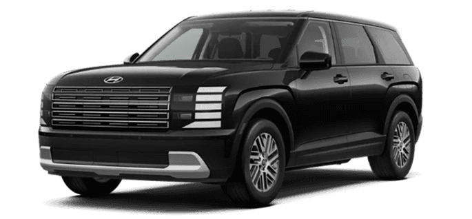 Black 2026 Hyundai Palisade SE SUV shown in a front three quarter view on a transparent background, featuring a wide horizontal bar grille, stacked rectangular LED light elements, silver lower front bumper trim, roof rails, and silver multi spoke wheels.