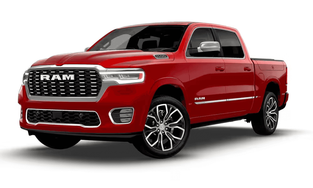 2026 Ram 1500 Tungsten pickup truck in red, front three-quarter exterior view